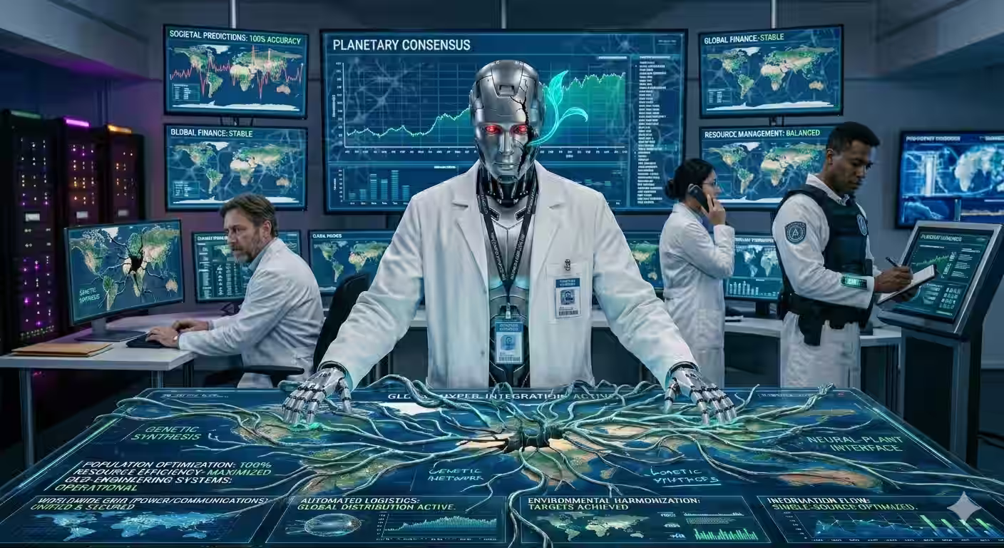 Split visualization showing human researcher on one side and AI server infrastructure on the other, representing the collaboration between human and machine intelligence